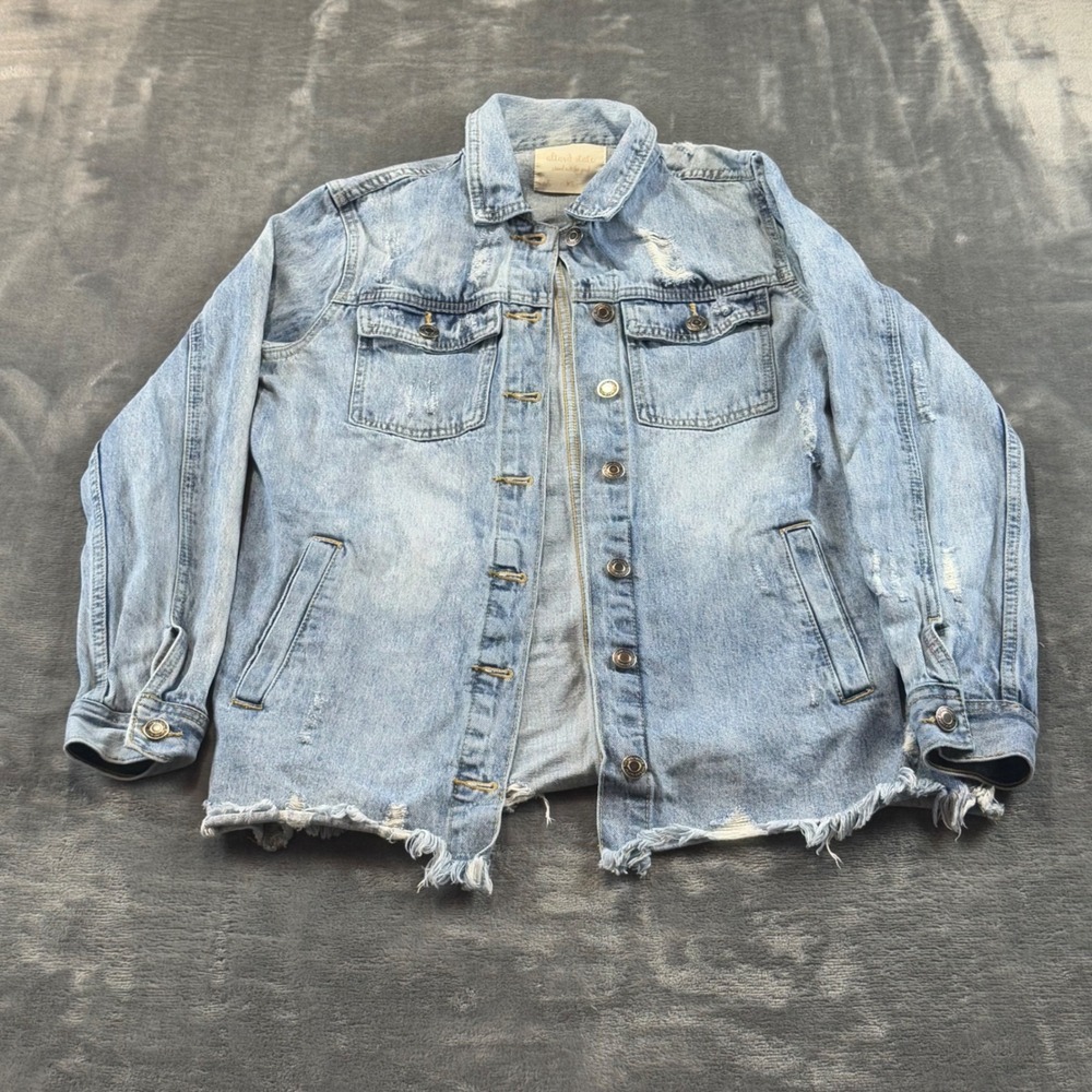 Altar'd State Distressed Denim Jacket Medium Wash Frayed Hem J1133CDTJ Size XS